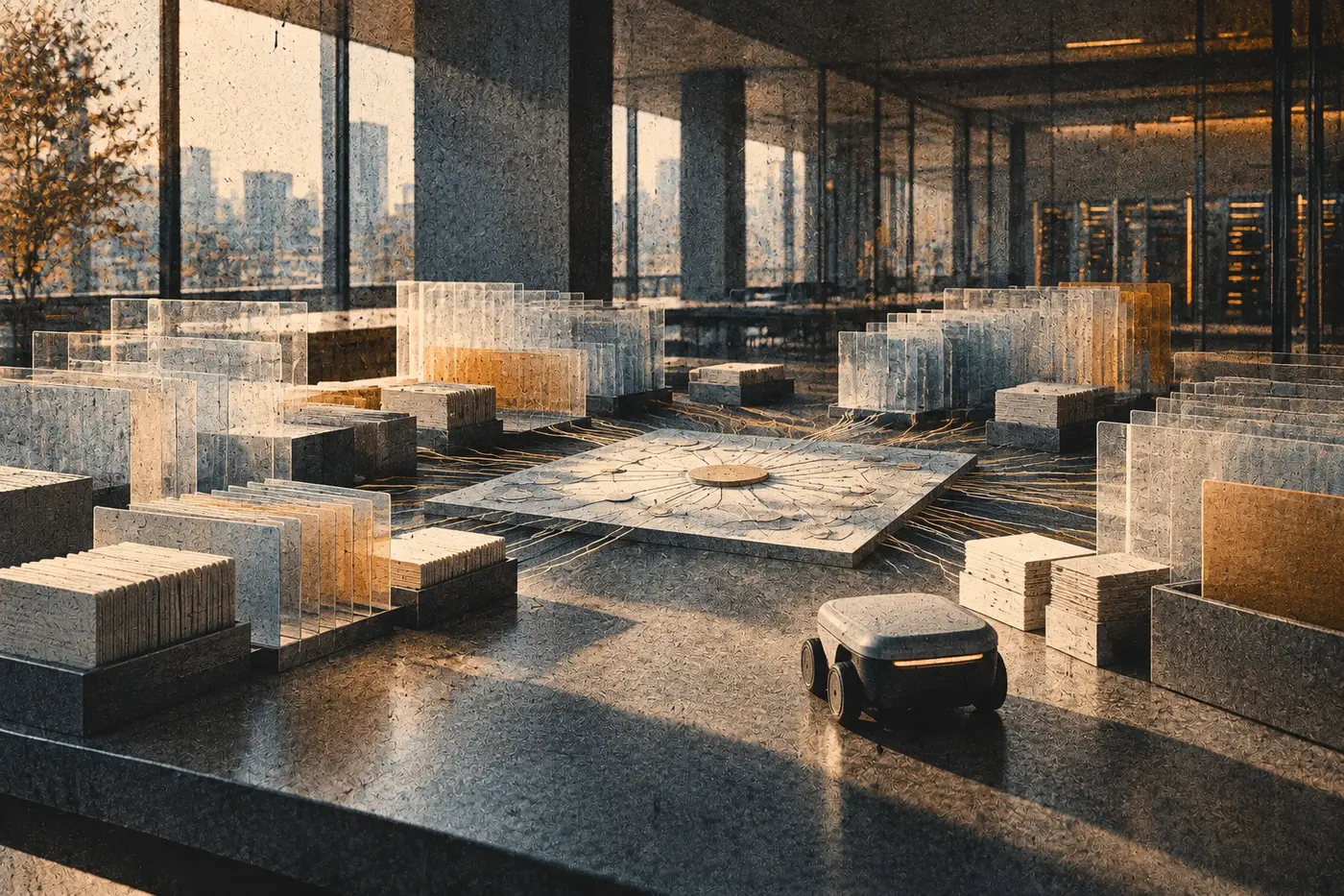 A small autonomous agent approaches a central semantic map connected to governed data layers