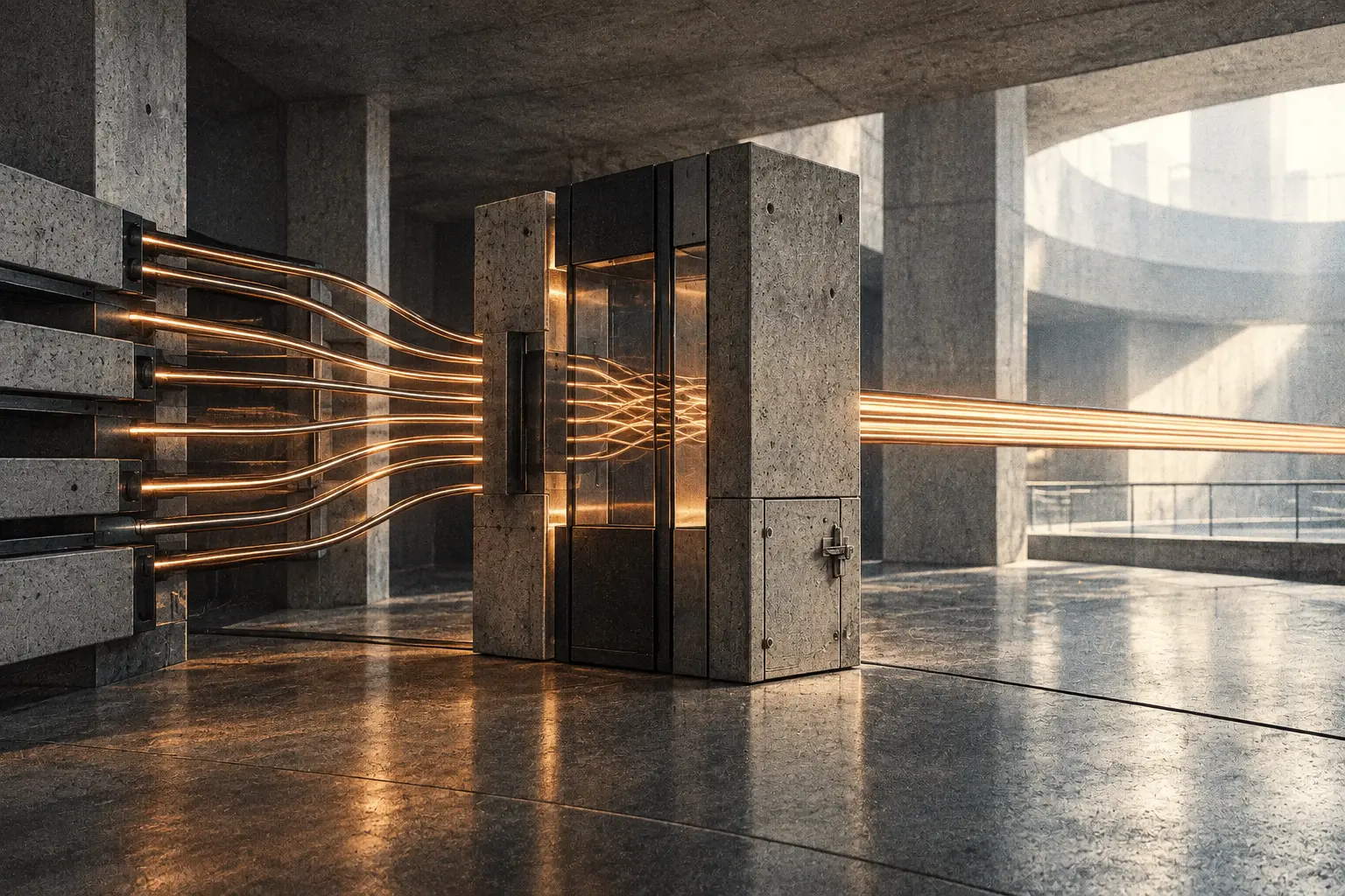 A physical inspection gateway routing separate copper data paths into one controlled outbound channel