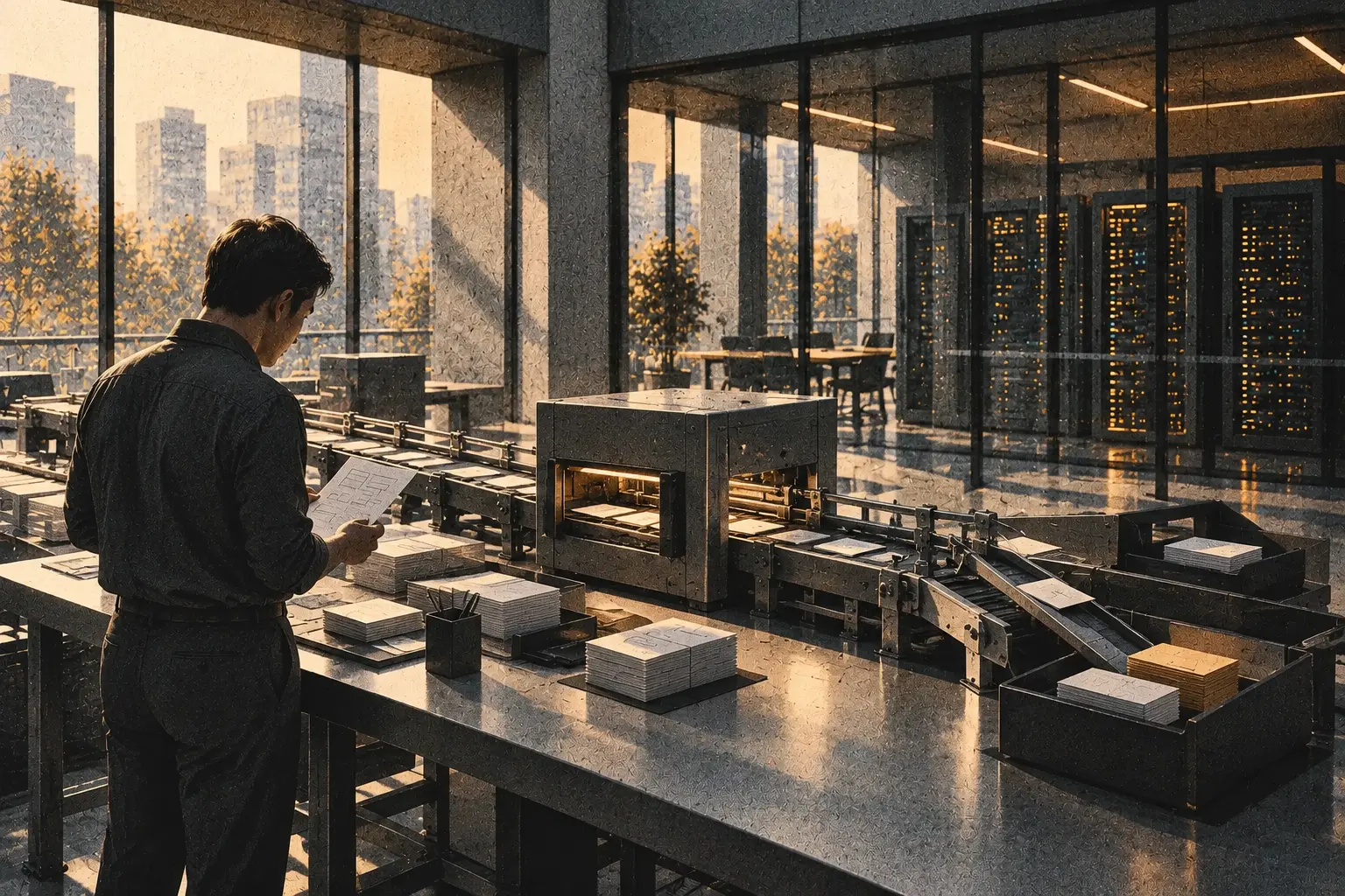 An enterprise engineer checks an acceptance sheet beside a compact processing line that routes high-volume tasks into review lanes