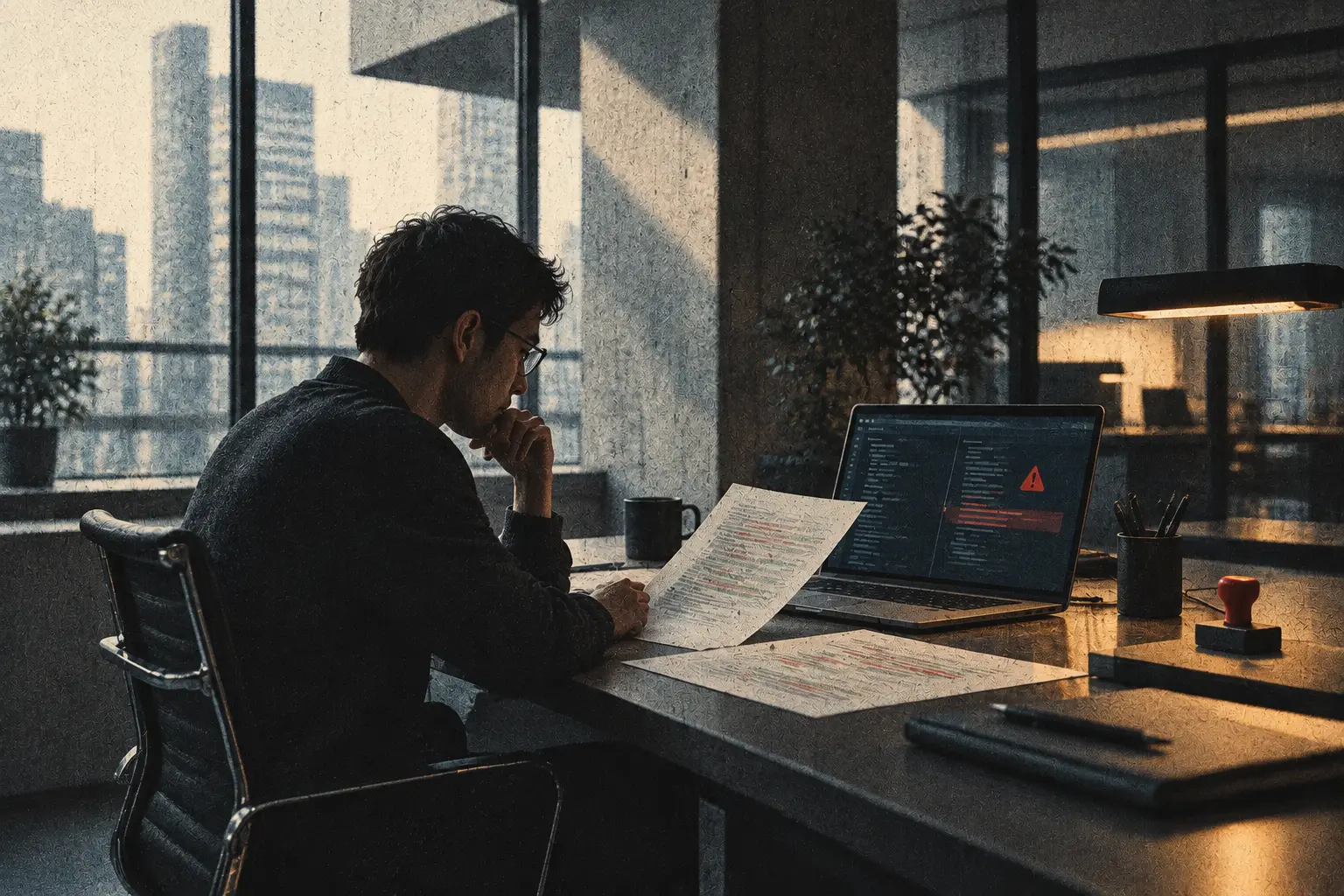 A security engineer reviewing code diffs and an AI-generated vulnerability finding before approving a pull request