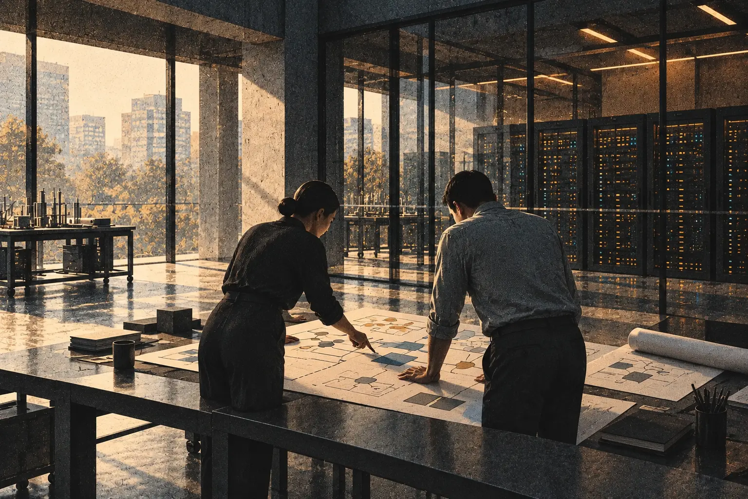 Two enterprise engineers mapping a multi-step agent workflow beside an operations environment
