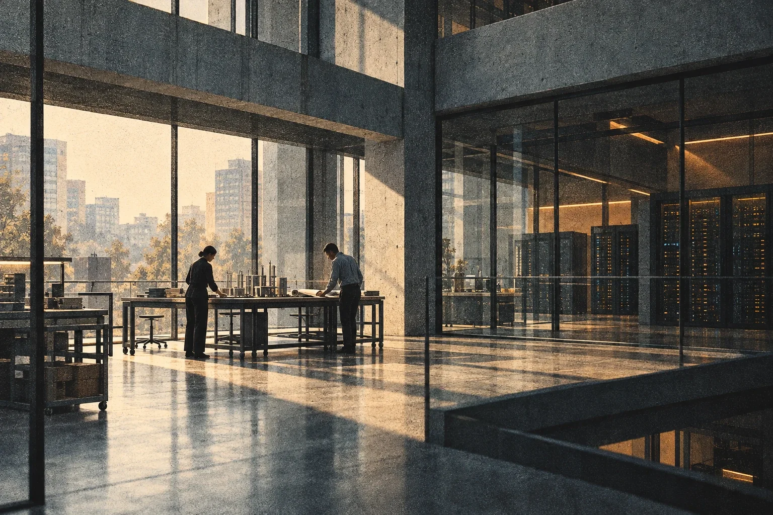 Two engineers review a prototype and an open runbook at a workshop table beside a glass-walled server room