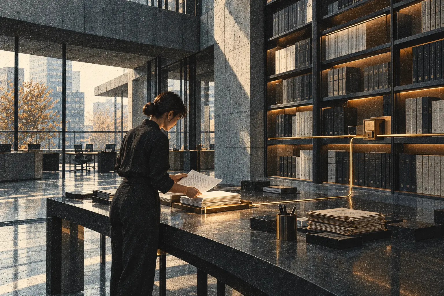 An engineer comparing a retrieved current document with older reference stacks in a grain-textured technical archive